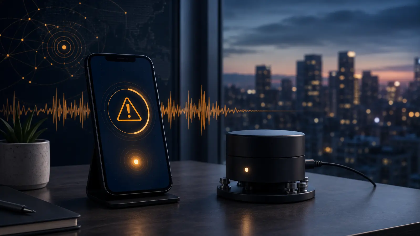 A phone on a desk at dusk showing an amber earthquake-alert warning beside a small seismometer, with a waveform trace and a city skyline behind.